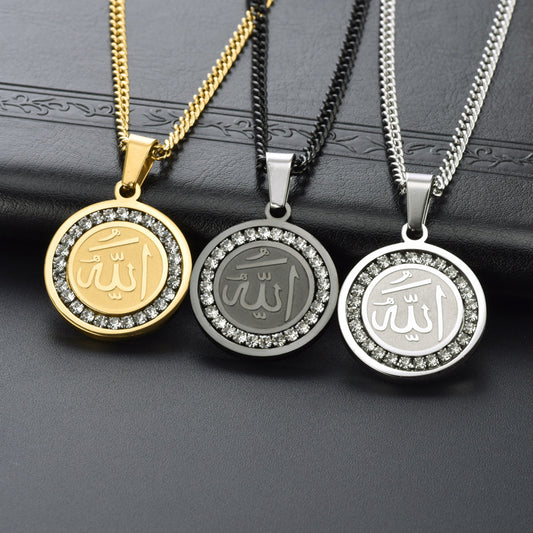 Women's Fashion Stainless Steel Round Plate Crystal Pendant Necklace